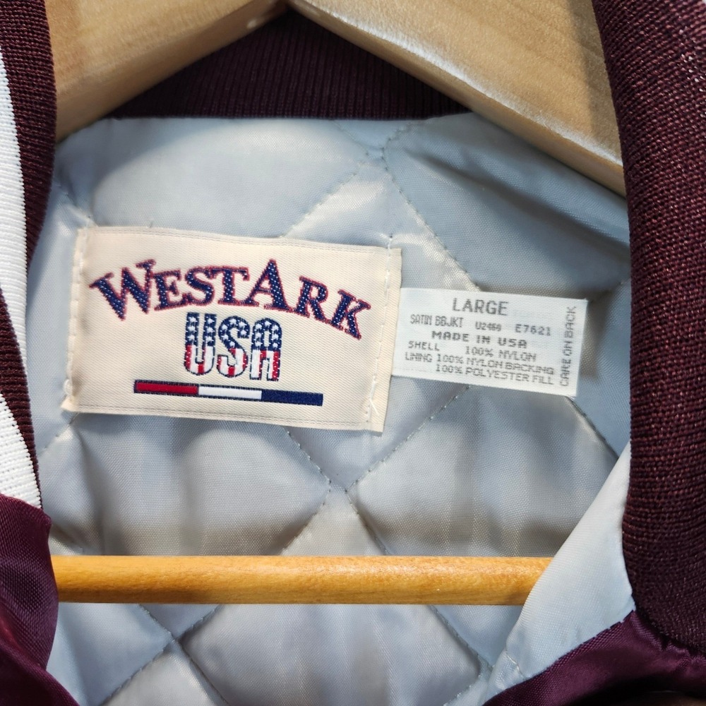 VINTAGE 80's Westark USA Burgundy Satin Bomber Jacket Bowling Pins Pins Large - Picture 4 of 9